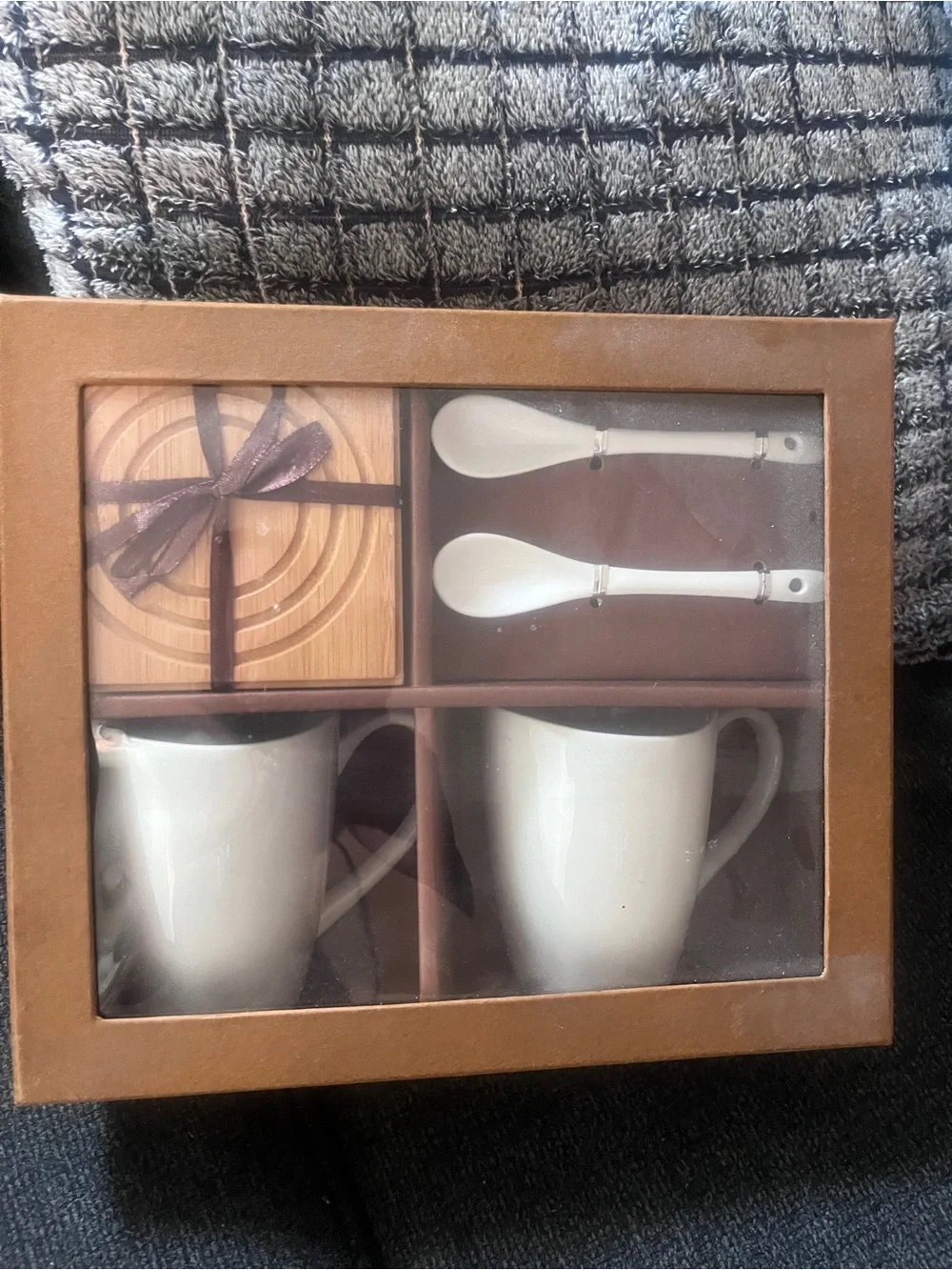 White Ceramic Mug Gift Set with Spoons and Coasters